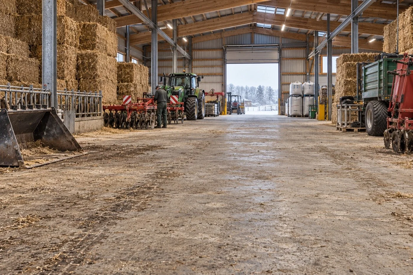 Landwirtschaftliche Halle mit Strohballen und Traktor