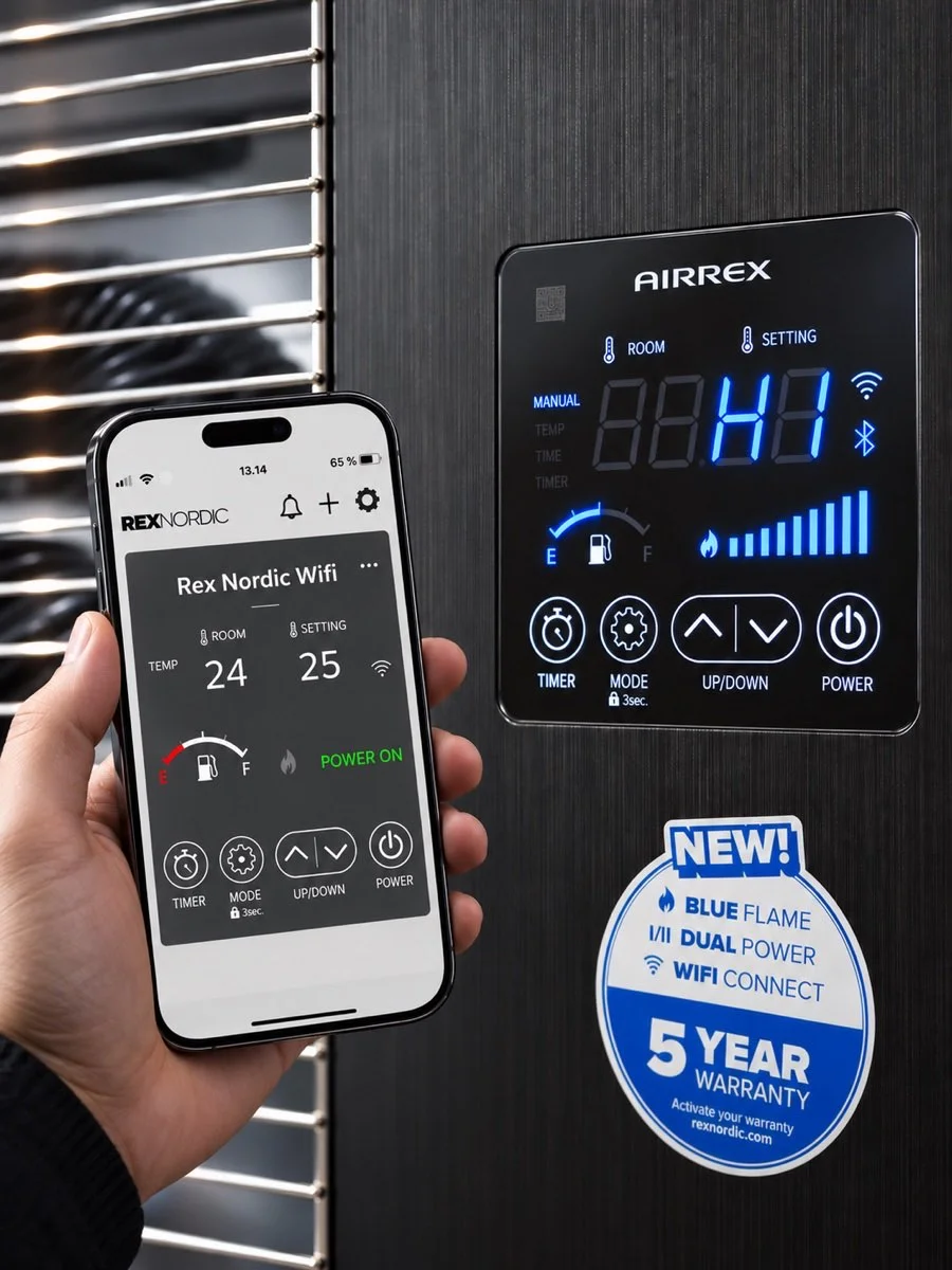 Rex Nordic App auf dem Smartphone neben dem Bedienfeld der AIRREX Infrarotheizung