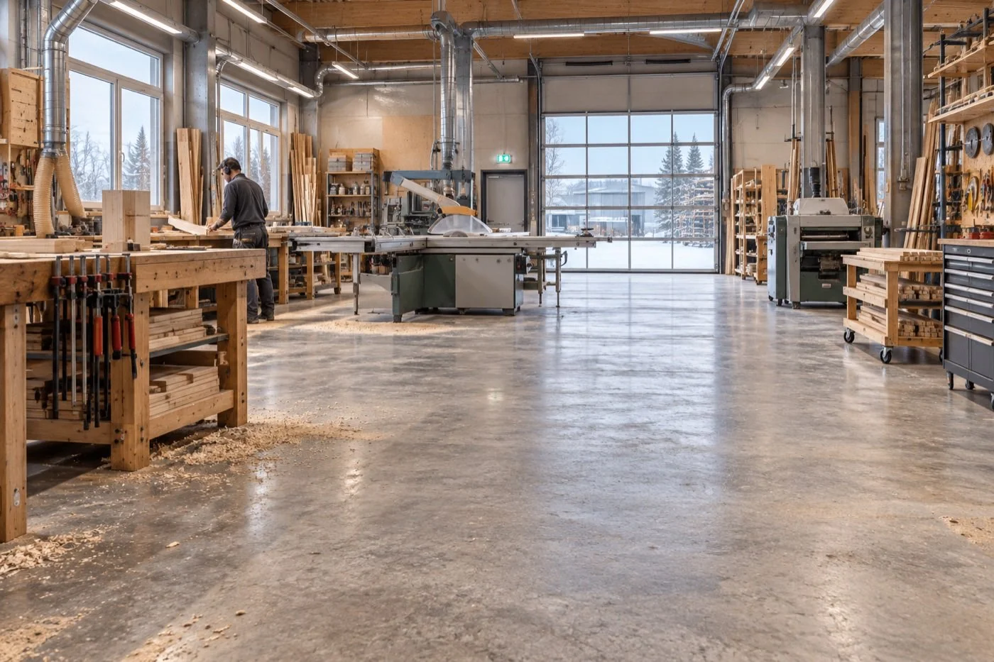 Werkstatt mit Werkbänken und Sägestation im Winter