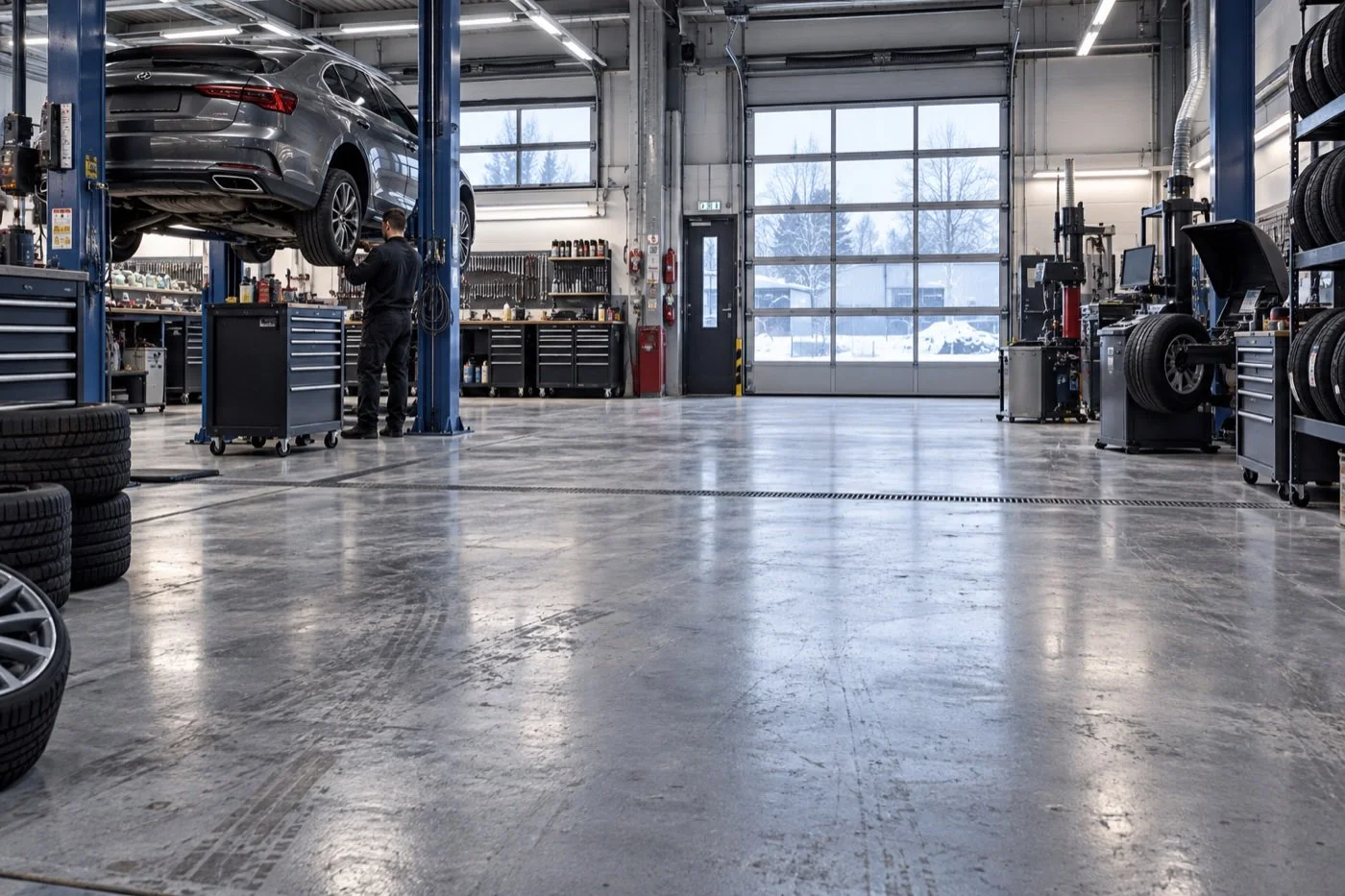Kfz-Werkstatt mit Fahrzeug auf der Hebebühne